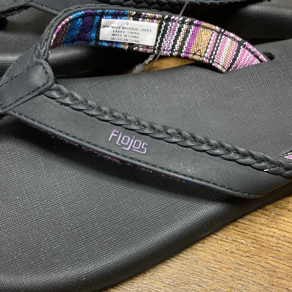 Flojos Black Sandals with Purple Logo and Multicolor Woven Trim - Picture 8 of 8
